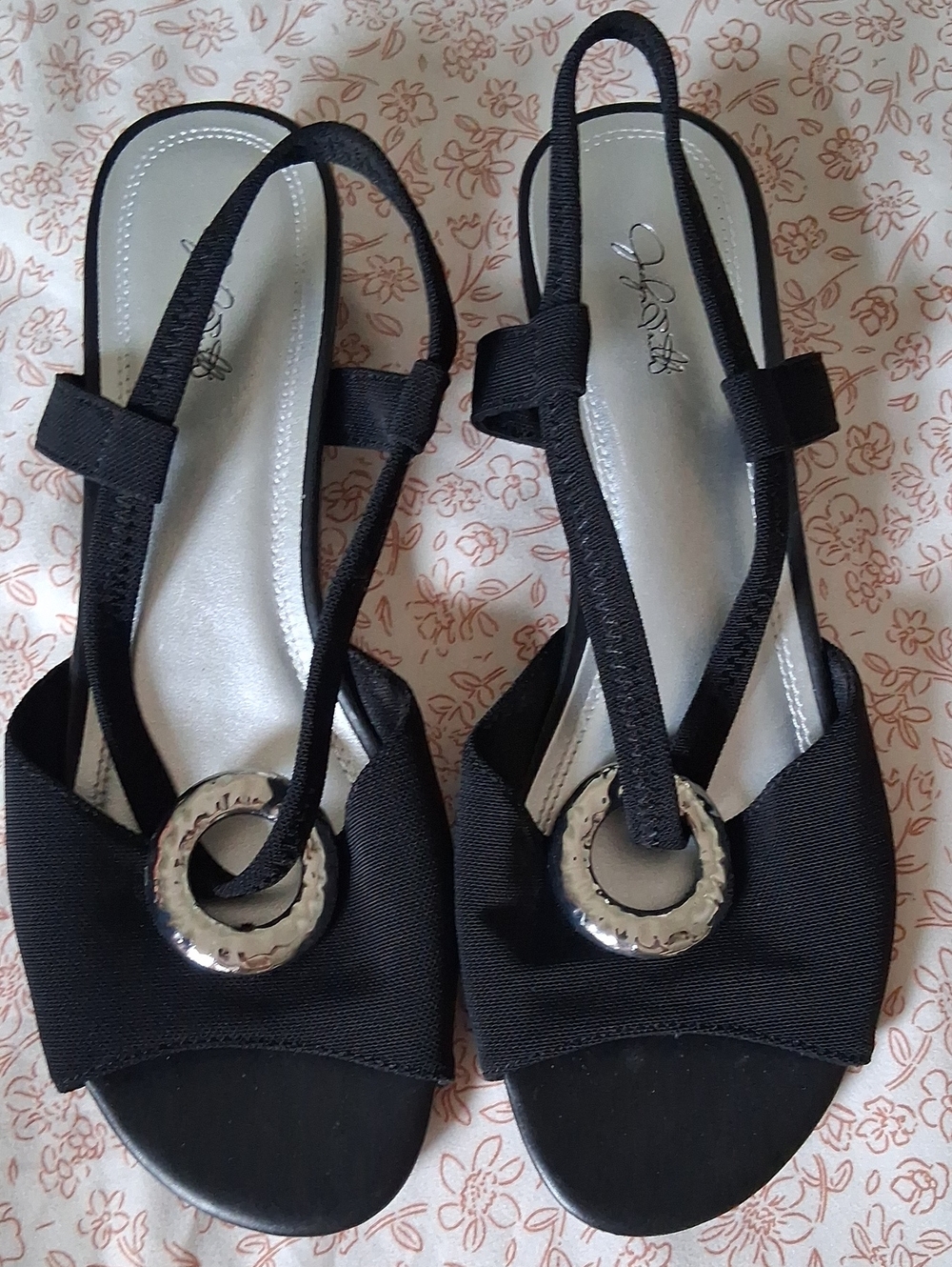 Jaclyn Smith Black Slingback Sandals with Silver Ring Accent